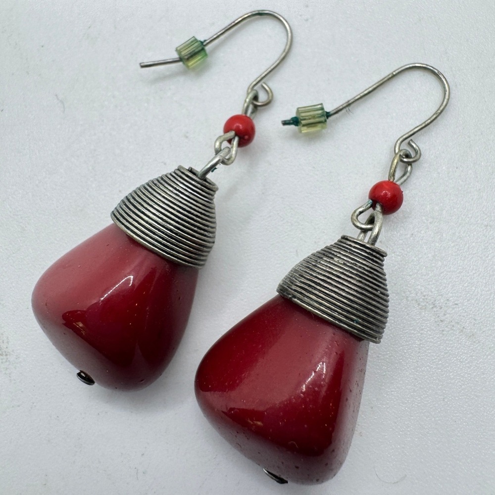Handmade Red Teardrop Wire Wrapped Drop Earrings Silver Tone Boho Artisan Dangle
